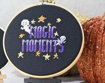Easy Magic Moments Halloween Cross Stitch Pattern with Cute Ghosts and Stars.  Instant DIY download craft pattern for beginner stitchers