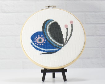 Nursery Blue Peacock Snail Counted Cross Stitch Digital Pattern for Baby's room or classroom. Embroidery craft project in Instant Download