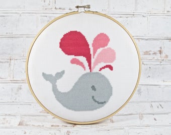Baby Whale Cross Stitch INSTANT DOWNLOAD, Kid&#39;s Room Wall Art, Nursery Decor, Whimsical Art, DIY Home Decor, Fish Crafts, Easy Cross Stitch