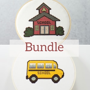 May include: A bundle of two cross-stitch embroidery patterns. The first pattern is a red schoolhouse with a bell on top and the word "SCHOOL" on the front. The second pattern is a yellow school bus with the word "SCHOOL" on the side.