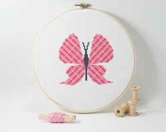 Pink Plaid Butterfly Cross Stitch Pattern, Baby Girl Nursery Room Wall Art Decor, Modern DIY Stitchery Baby Shower Gifts, PDF Download