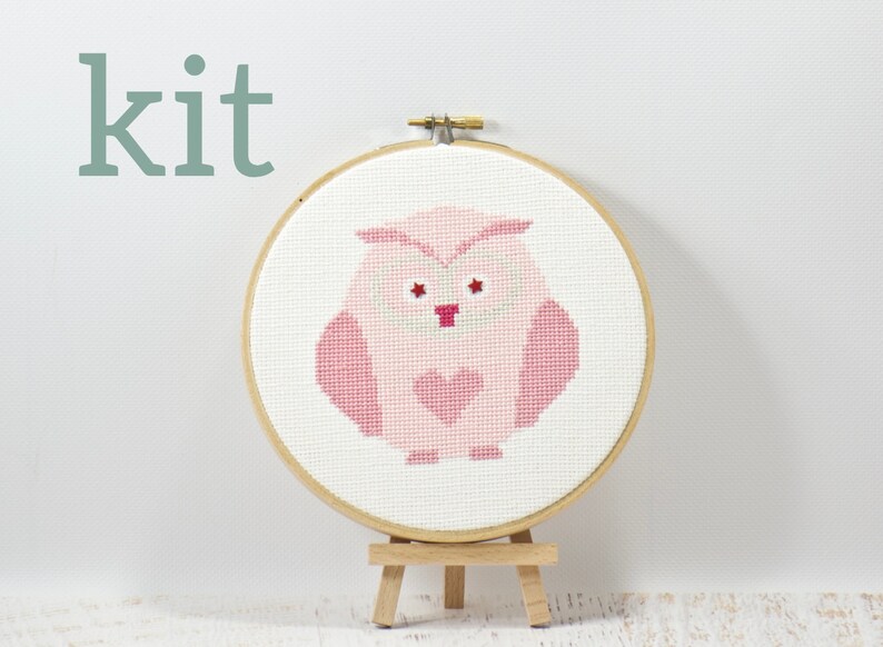 Pink Heart Owl Cross Stitch Kit Do It Yourself Complete Kit Hand Embroidery Baby Room Decor
