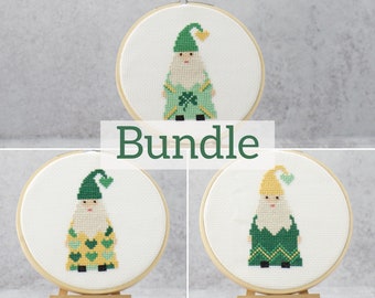 Green Heart Gnomes Cross Stitch Bundle of 3 Patterns, St Patricks Day Shamrock Counted Cross Stitch Craft, Instant Digital Download