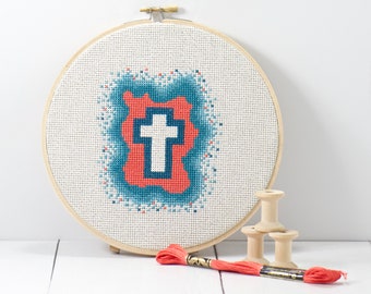 Easter Coral Turquoise Cross Hand Embroidery Pattern, Religious Spring Decor Gifts, DIY Crafts, Counted Cross Stitch, PDF Digital Download