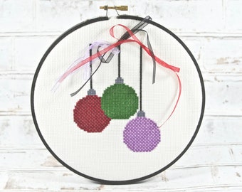 Three Christmas Ornaments Cross Stitch Pattern - Jewel Tone Holiday Bulbs Counted Hand Embroidery - DIY Decor Craft Project