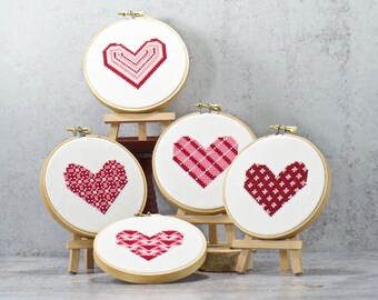 Cute Cross Stitch Bundle of 5 Red and Pink Hearts Patterns for Valentine's Day, Anniversary or Wedding Gifts. Simple easy geometric designs