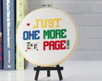 Classroom Decor Reading Teacher Cross Stitch Digital Pattern for libraries and book page theme.  Modern Embroidery chart as a PDF Download