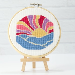 1970s Groovy Sun and Ocean Counted Cross Stitch Pattern. Wavy sun rays for summer decor.  Modern Embroidery Beginner Chart in PDF Download