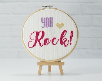 You Rock Counted Cross Stitch Pattern with simple heart for positive vibes.  Simple and Easy Counted Embroidery Chart PDF digital download