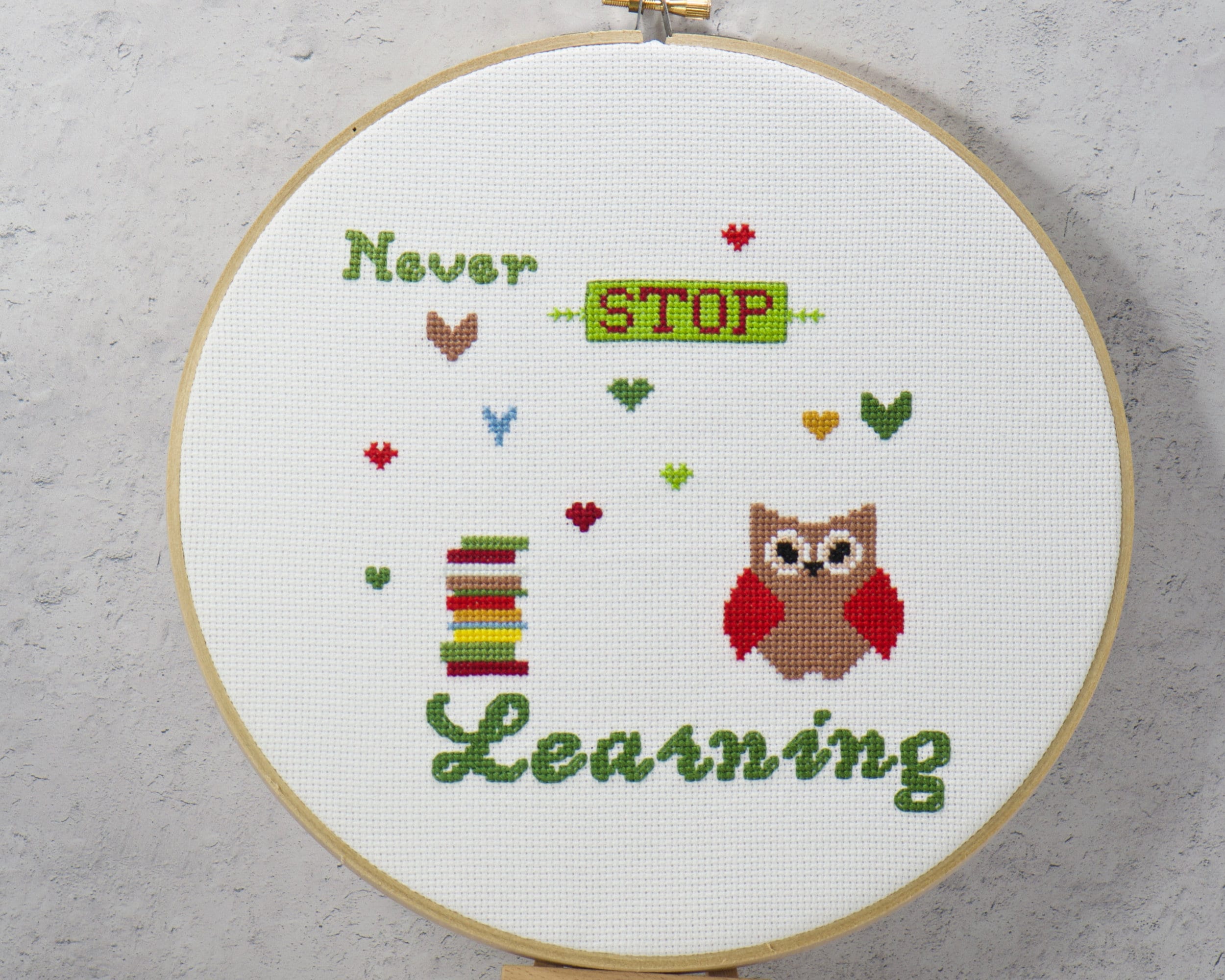 Never Stop Learning Modern Cross Stitch, Teacher Owl Embroidery Pattern, Back to School Design, PDF