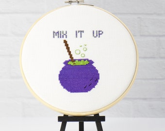 Easy Witch Brew Potion Cross Stitch Digital Download for Halloween crafting. Mini purple kettle embroidery PDF pattern with bubbles chart