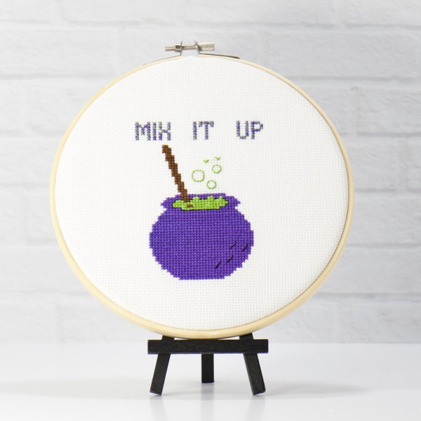 Easy Witch Brew Potion Cross Stitch Digital Download for Halloween crafting. Mini purple kettle embroidery PDF pattern with bubbles chart