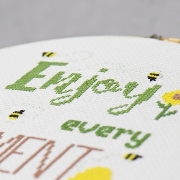 Modern Counted Cross Stitch, Enjoy Every Moment Design, Quote Embroidery Pattern, Sunflowers and Bees, Positive Cross Stitch