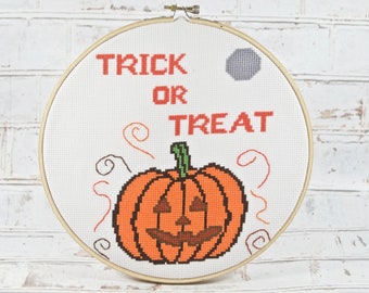 Trick or Treat Pumpkin Cross Stitch Pattern - Halloween Cross Stitch - Jack O Lantern Xstitch - PDF Instant Download