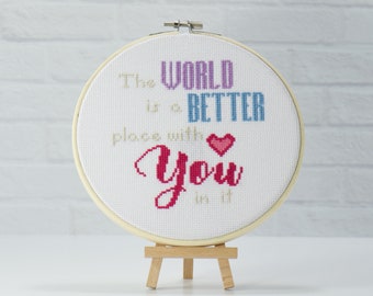 Modern Cross Stitch Pattern of inspirational words for beginner stitchers.  Easy PDF embroidery words quotes gift to spread happiness