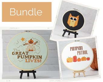 Halloween Counted Cross Stitch Bundle of 3 Patterns with pumpkins and mini owl in fun spooky cuteness. PDF instant digital download charts