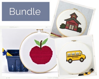 Back to School Teacher Cross Stitch Digital Bundle for classroom decorations and teacher gifts. Apple School Bus Easy beginner stitching