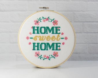Home Sweet Home saying counted cross stitch digital pattern. PDF instant download for beginner stitcher. Home decor ideas for wall art