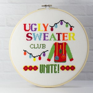 Ugly Sweater Club Cross Stitch Pattern - Digital Download PDF for Christmas beginner Stitching - Funny Holiday Decor - quirky modern design