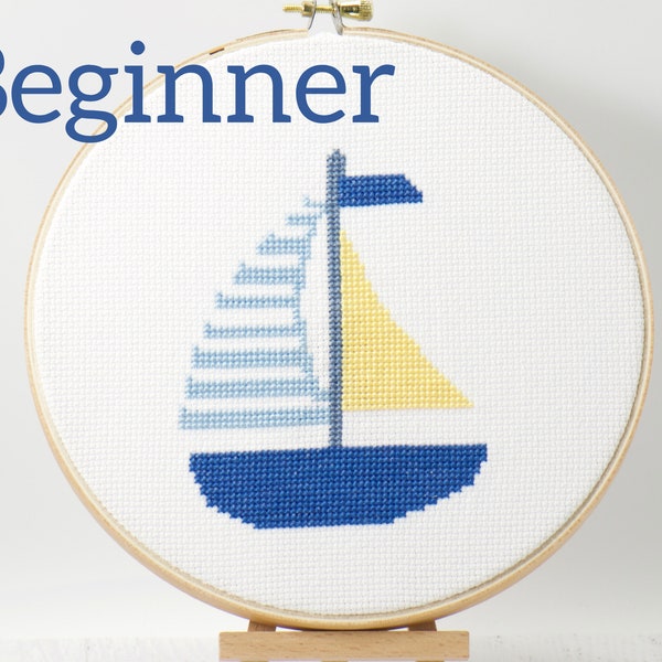 Blue Sailboat Modern Counted Cross Stitch Beginner Pattern, Ocean Wall Art Instant Download, Nursery DIY Embroidery Digital PDF Pattern