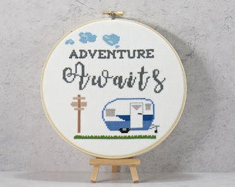 Camping counted cross stitch pattern of retro blue RV trailer for all traveling adventures of your vacation. Instant PDF download chart