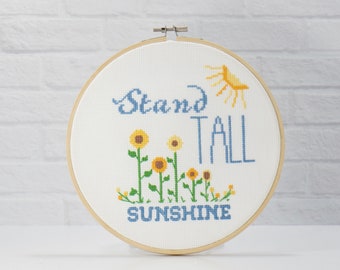 Stand Tall Sunshine Modern Cross Stitch Pattern, Yellow Sunflowers DIY Craft Hand Embroidery Design, Positive Vibes PDF Instant Download