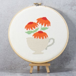 DIY Flower Tea Cup Hand Embroidery Pattern, Garden Lover, Cute Modern Cross Stitch, Floral Counted Cross Stitch, Instant Download