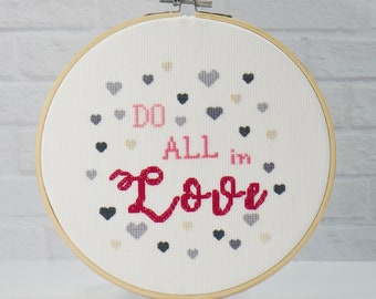 Valentine's Day Love Modern Stitchery. Cute DIY craft project for hand counted embroidery of cross stitch downloadable pattern in PDF file