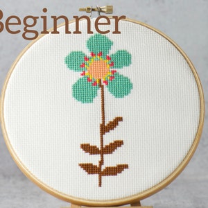 Beginner Flower Modern Cross Stitch Pattern, Easy Floral Counted Xstitch Chart, Simple Single Flower Cross Stitch Digital Download