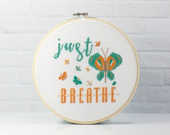 Just Breathe simple counted cross stitch digital download pattern. Instant PDF chart for beginner embroidery stitcher. Easy Hand Project