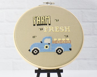 Farm Fresh Vintage Style Truck with Sunflower, Hearts and buzzing bees - Counted Cross Stitch PDF Pattern - Modern Hand Embroidery Craft
