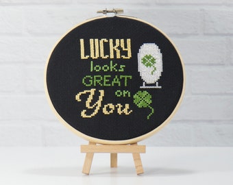 Shamrock counted cross stitch pattern for St Patricks Day and positive words encouragement. Lucky Mirror embroidery pdf digital download