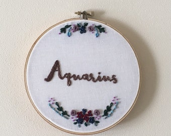 Aquarius Astrology Floral Embroidery Hoop Art