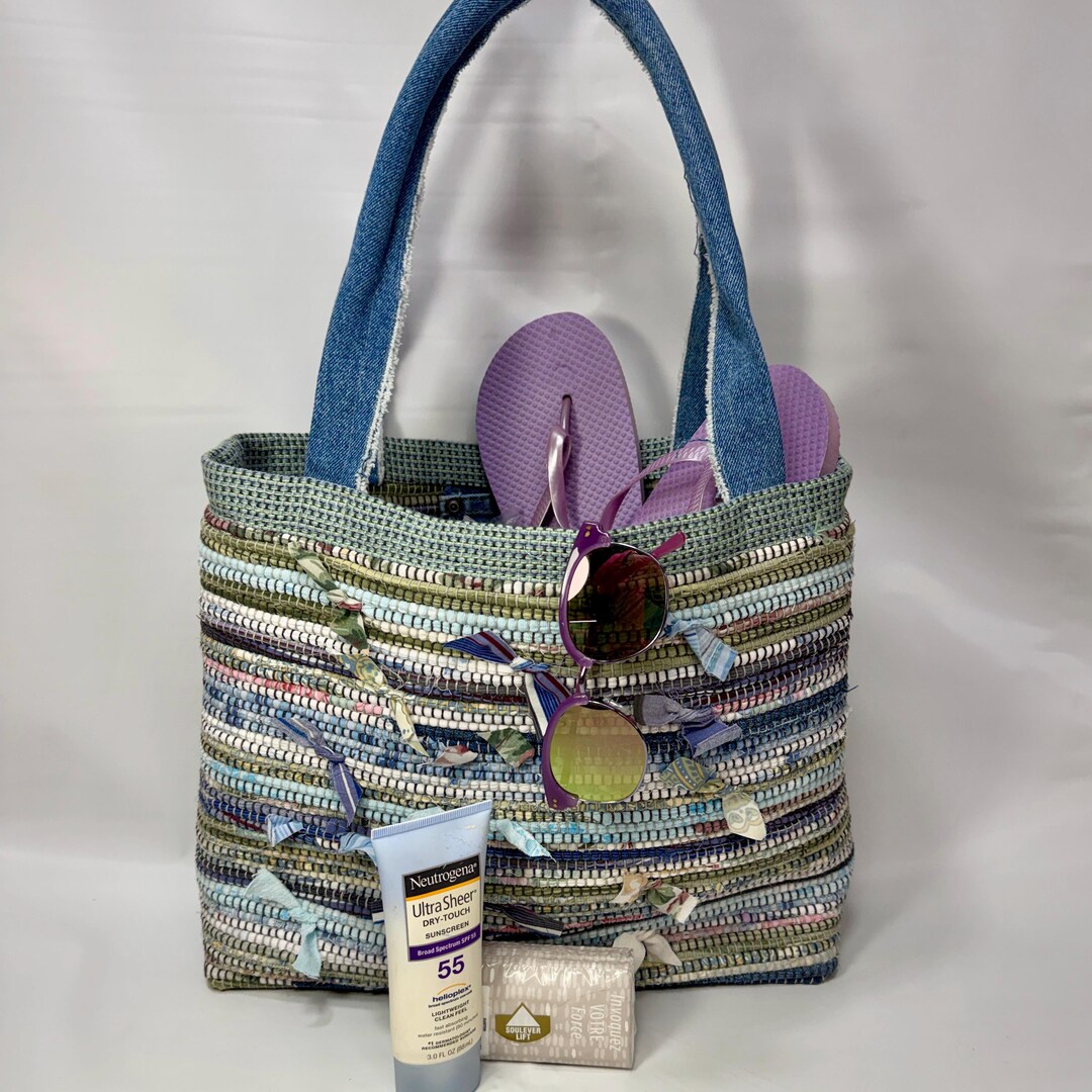 Green Rug Bag Small Handwoven Blue and Green Rag Rug Tote Bag With Blue Jeans Straps ...