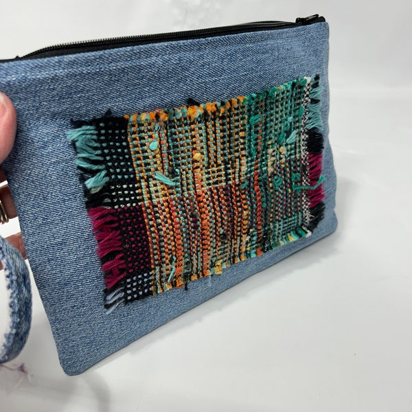 Handmade Handwoven Fabric and Denim Zippered Pouch