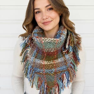 Brown and Blue Plaid Handwoven Triangle Scarf with Fringe