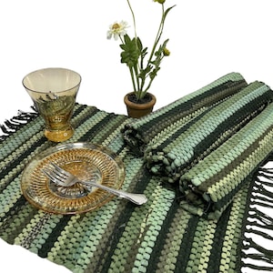 Green Handwoven Country Farmhouse Rag Rug Placemats Set of 2