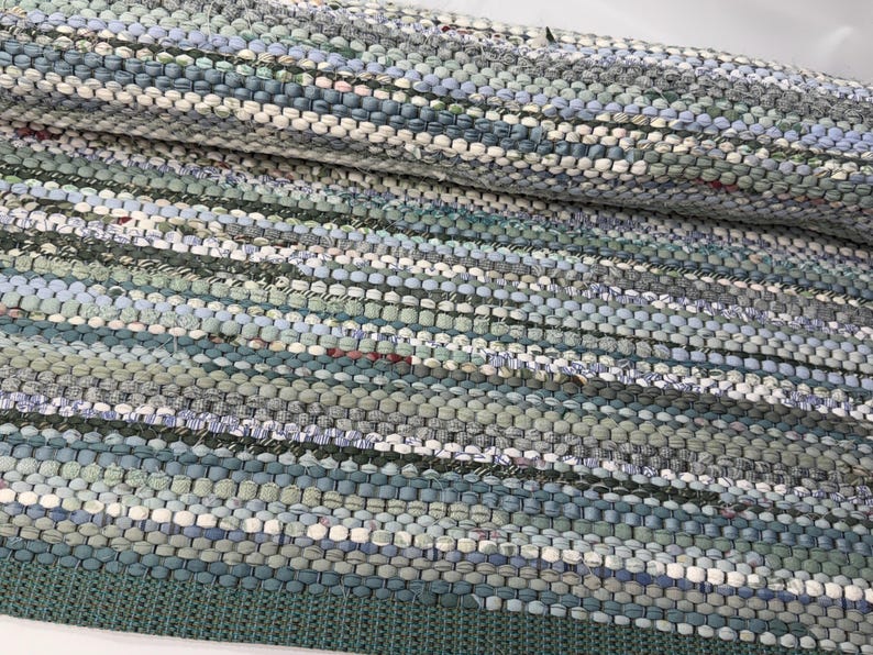 Rustic Coastal Cottage Handwoven Rag Rug in Blues and Sage: 36