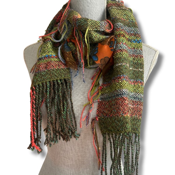 Handwoven Green and Orange Wool Winter Scarf, Saori Style Winter Scarf, Freestyle Woven Warm Scarf