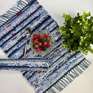 Red White and Blue Farmhouse Handwoven Rag Rug Placemats set of 2, Patriotic  Placemats, Washable and Reversible Placemats