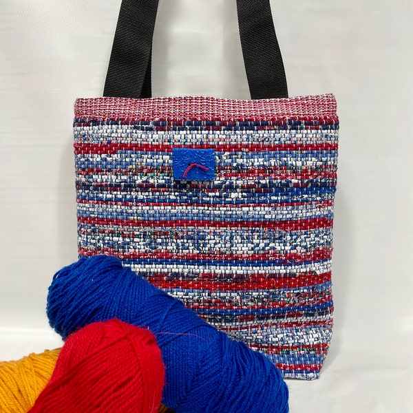 Handwoven Red White and Blue Rag Rug Tote for Mother's Day,  Woven Purse Tote, Boho Rag Rug Tote B593