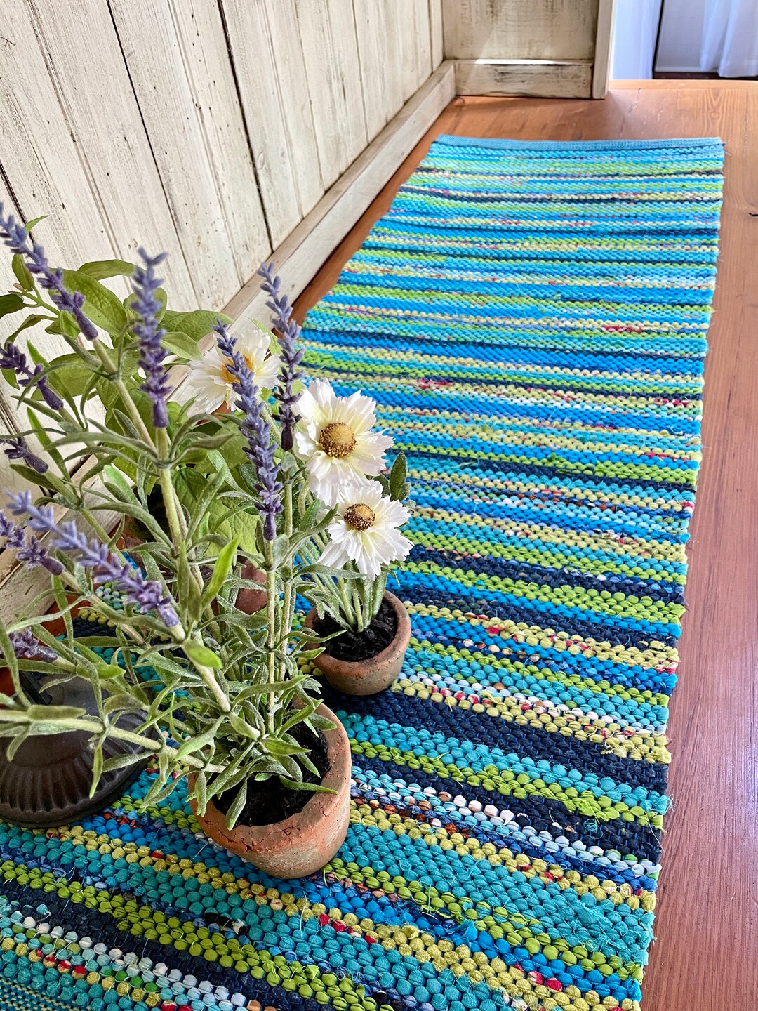 Blue Coastal Cottage Handwoven Rag Rug Table Runner, Bright Colored