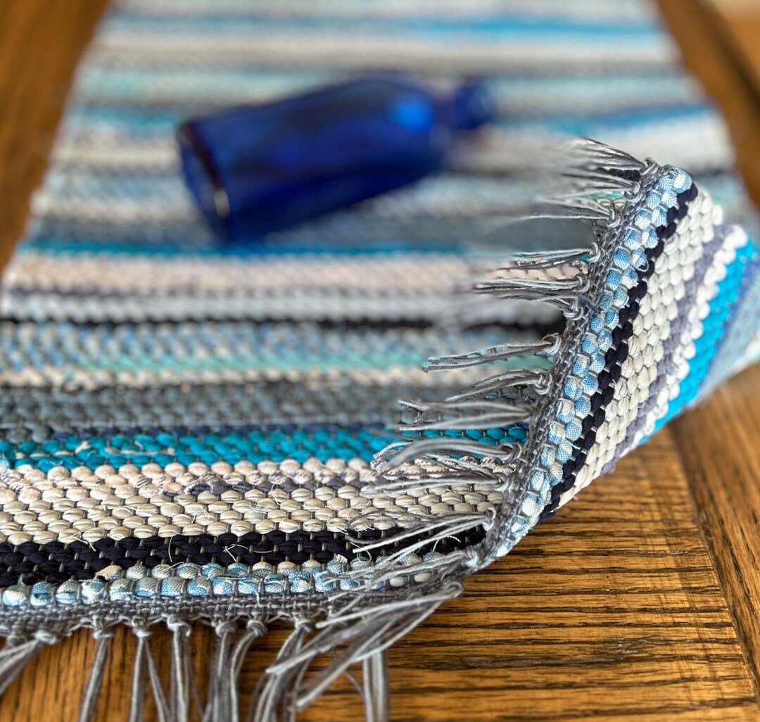 Kitchen Rag Rug Blue Blue Handwoven Country Farmhouse Rag Rug Placemat, Coastal Cottage Blue ...