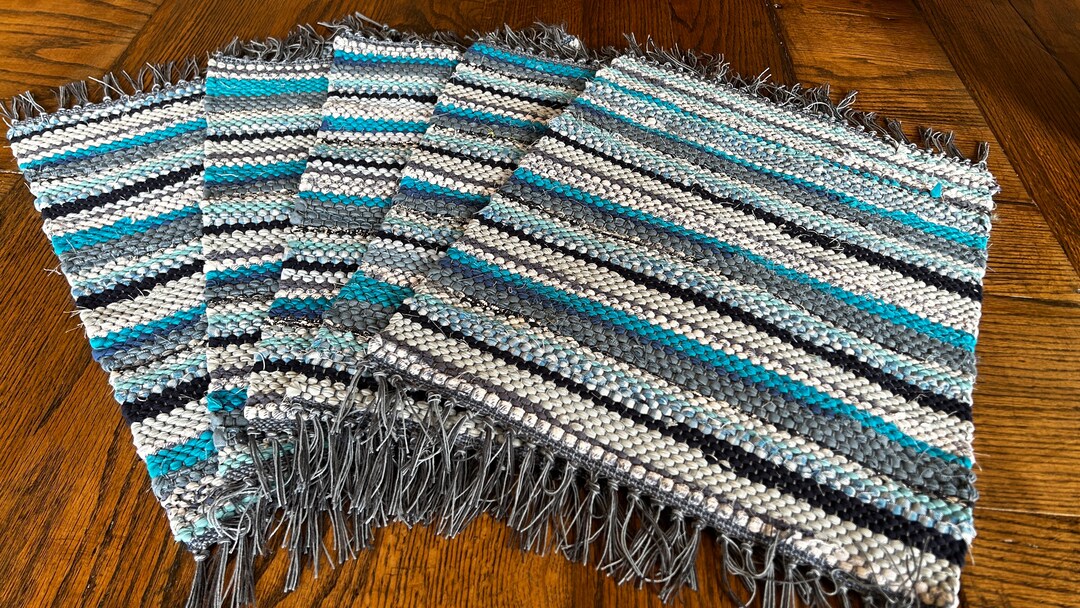 Blue Handwoven Country Farmhouse Rag Rug Placemats, Coastal Cottage