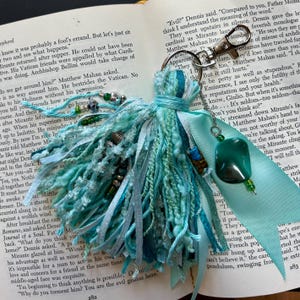 Aqua Shabby Chic Junk Journal Tassel, Boho Tassel Fob Keychain, Tassel Purse Charm