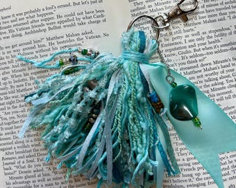 Aqua Boho Tassel Keychain: Shabby Chic Purse Charm
