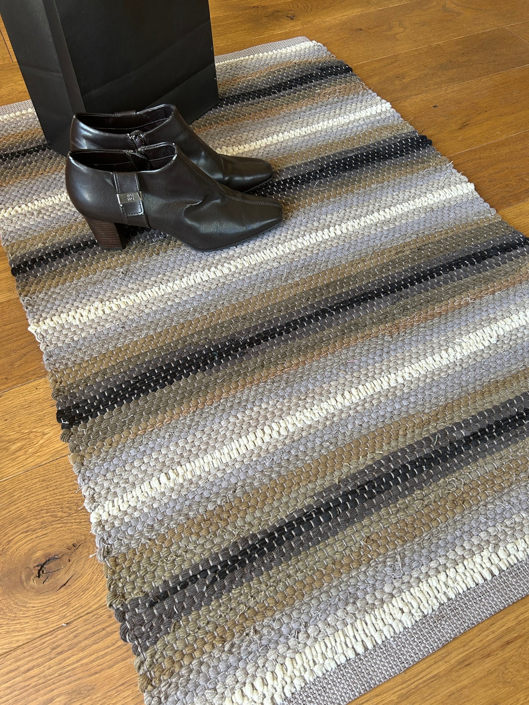 Handwoven Corduroy Rag Rug: Earth Tone Striped Throw (24