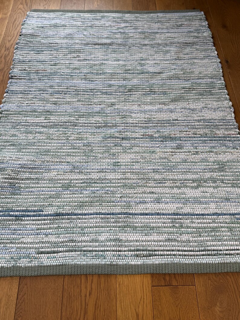 Rustic Coastal Cottage Handwoven Rag Rug in Blues and Sage: 36