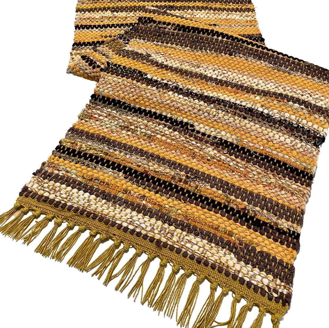Handwoven Farmhouse Table Runner: Gold & Brown Rag Rug With Fringe - Etsy