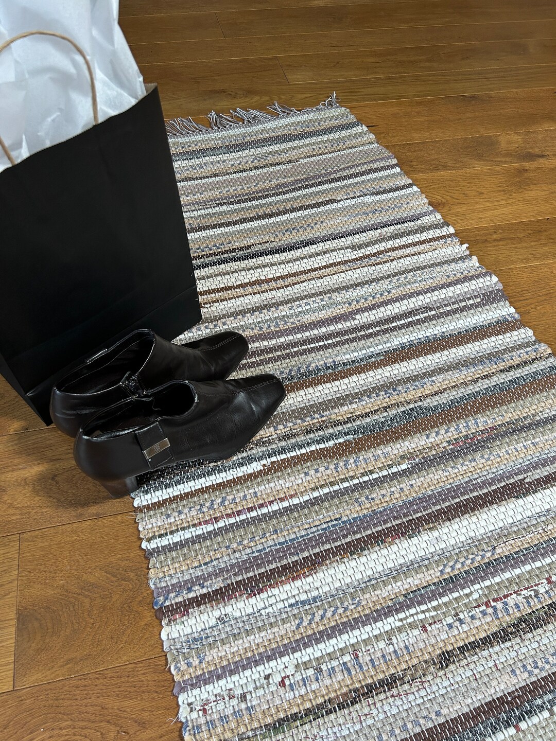 Earth Tone Handmade Brown Rag Rug, Neutral Handwoven Entryway Rug